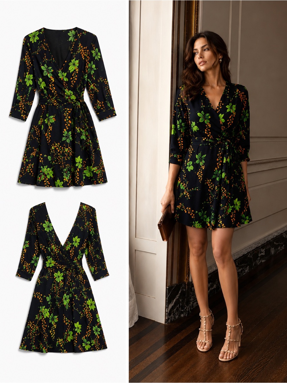Karen Millen 100% Silk Wisteria Floral Wrap Dress Navy Blue Open Back Size 6